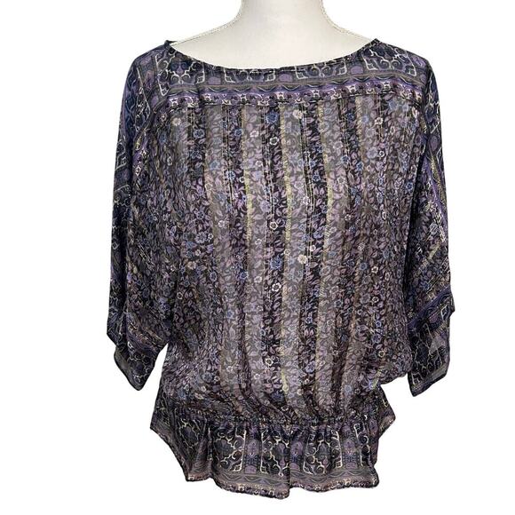 Joie purple and gold silk and metallic sheer marcana peplum top  size L - Picture 1 of 8